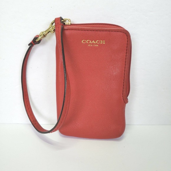 Coach Red Wallet Wristlet Card 5x3 Zip Medium All Leather Pouch Case Logo - Picture 1 of 6